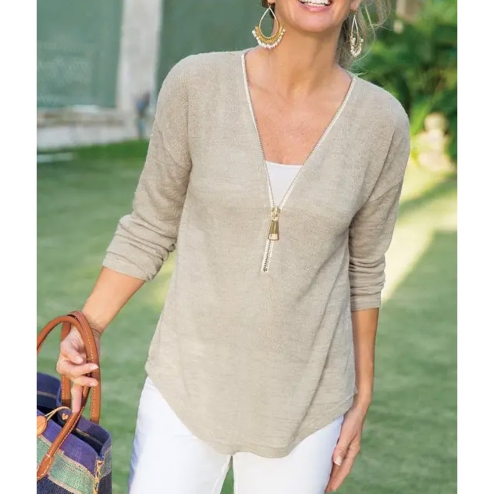 Soft Surroundings Valentina Zip Up Sweater Beige
